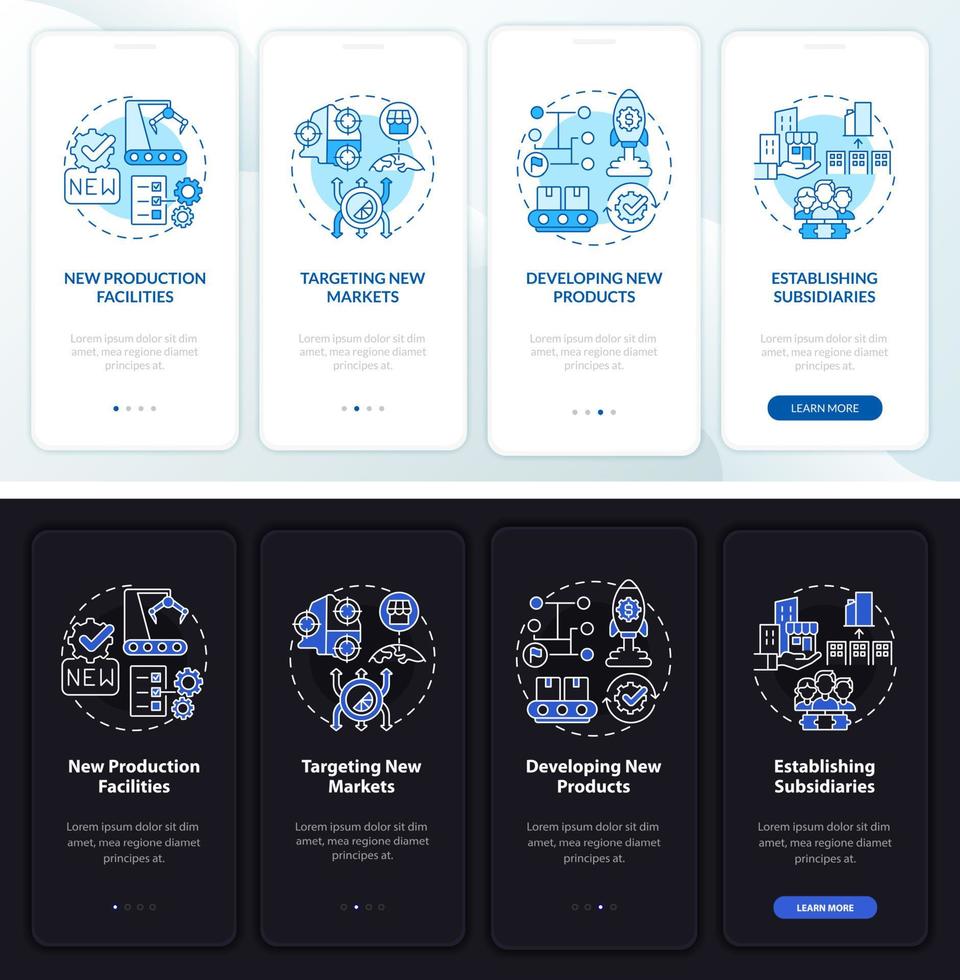 crescita aziendale interna scura, chiara onboarding schermata della pagina dell'app mobile. procedura dettagliata 4 passaggi istruzioni grafiche con concetti. modello vettoriale ui, ux, gui con illustrazioni in modalità notte e giorno lineari