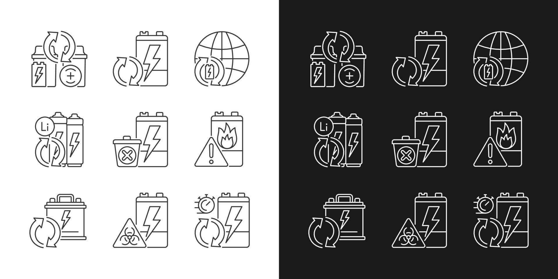 icone lineari di riutilizzo della batteria impostate per la modalità scura e chiara. rifiuti elettronici riciclabili. riciclaggio degli accumulatori. simboli di linee sottili personalizzabili. illustrazioni di contorno vettoriale isolate. tratto modificabile