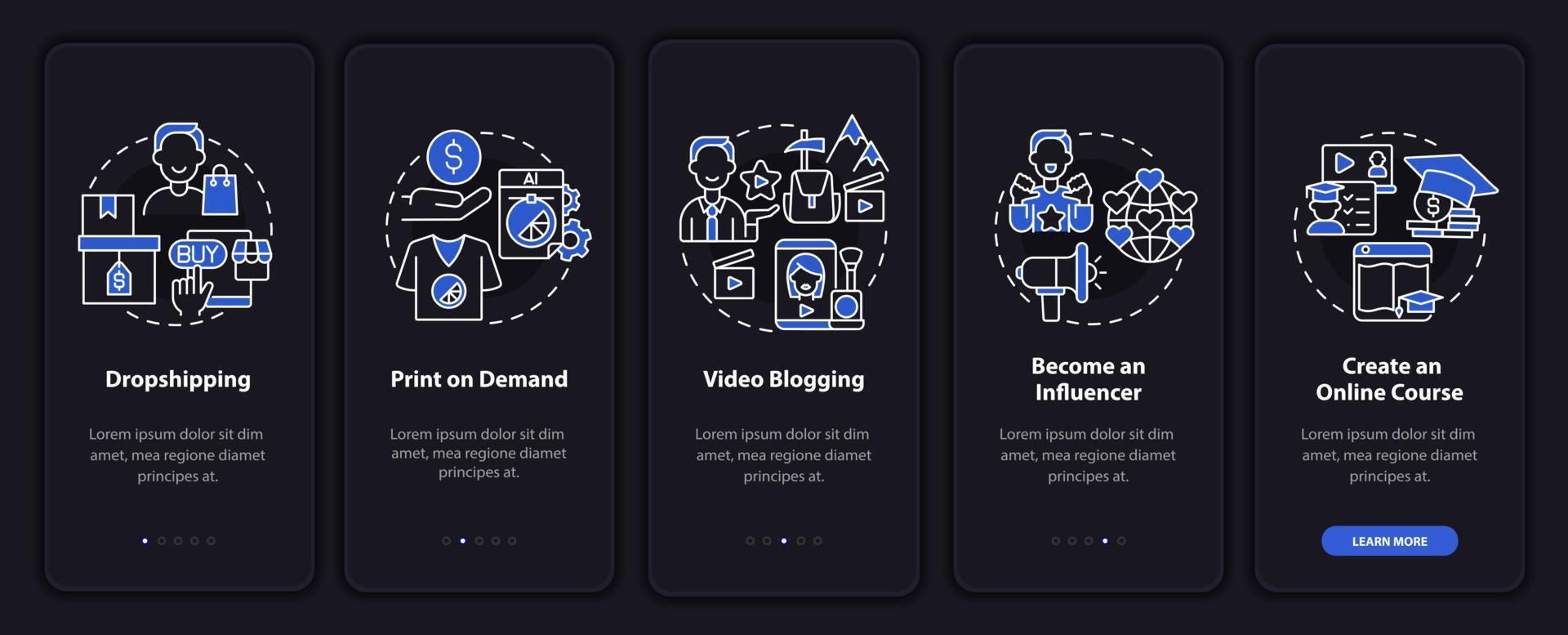 generazione di denaro online per l'onboarding della schermata della pagina dell'app mobile. video blogging walkthrough 5 passaggi istruzioni grafiche con concetti. modello vettoriale ui, ux, gui con illustrazioni in modalità notturna lineare