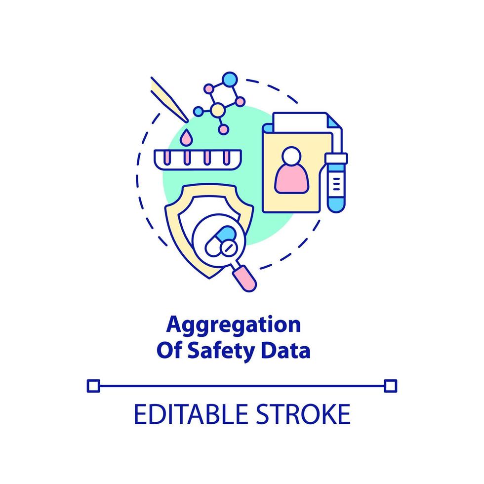 icona del concetto di aggregazione dei dati di sicurezza. studi clinici che forniscono un'illustrazione di linea sottile di idea astratta. disegno di contorno isolato. tratto modificabile. arial, una miriade di caratteri pro-grassetto utilizzati vettore