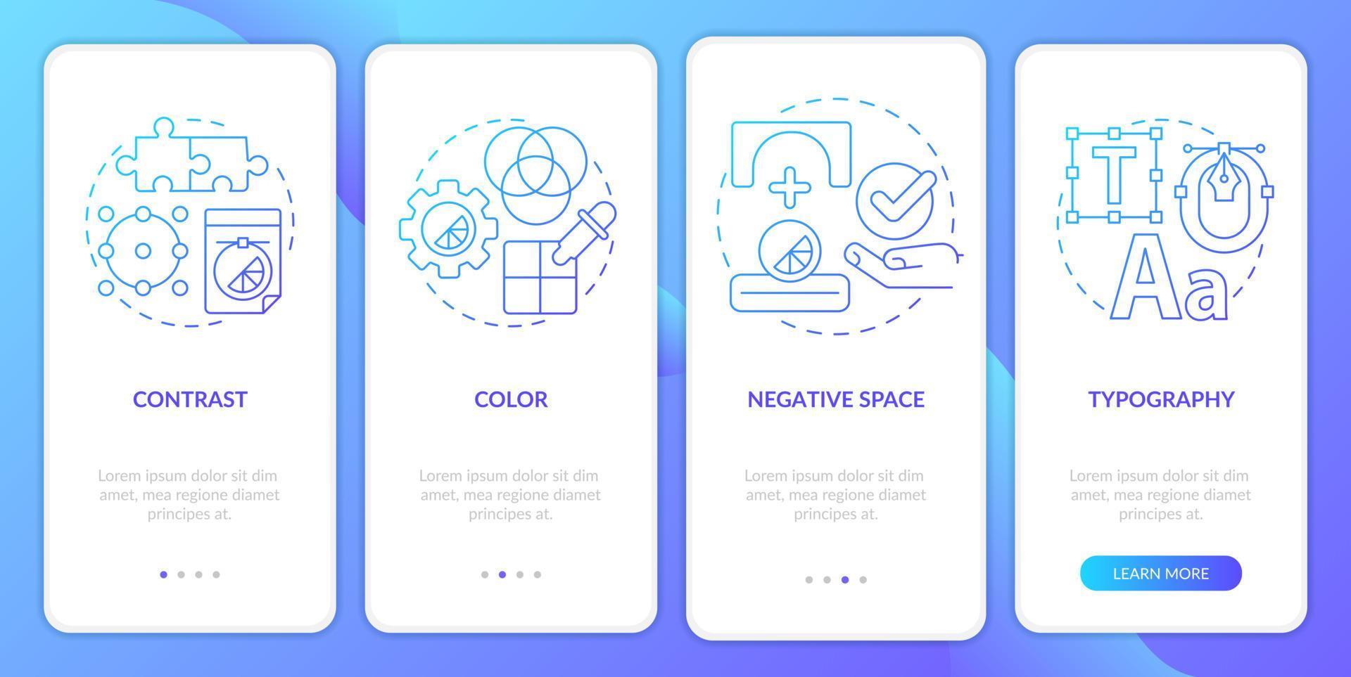 principi di progettazione grafica schermata dell'app mobile onboarding gradiente blu. procedura dettagliata 4 passaggi pagine di istruzioni grafiche con concetti lineari. ui, ux, modello gui. sono stati utilizzati una miriade di caratteri normali in grassetto vettore