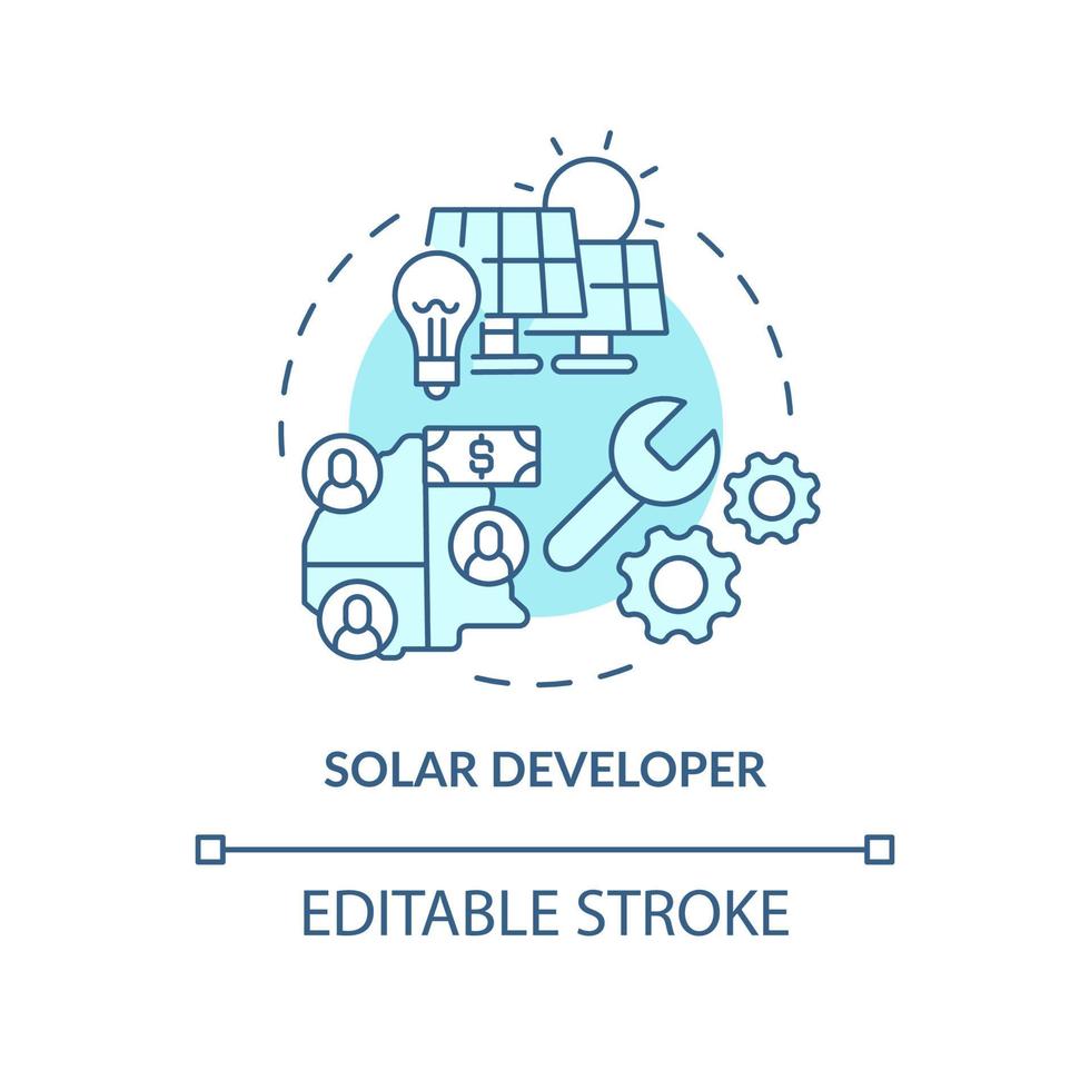 icona del concetto turchese dello sviluppatore solare. energia rinnovabile. contratti di acquisto di potere astratto idea linea sottile illustrazione. disegno di contorno isolato. tratto modificabile. arial, una miriade di caratteri pro-grassetto utilizzati vettore