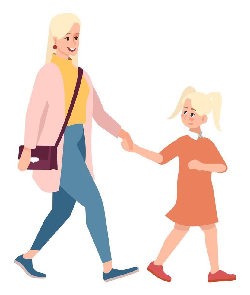 portando il bambino a passeggio illustrazione vettoriale a colori rgb semi piatto. madre con figlia che camminano insieme personaggi dei cartoni animati isolati su sfondo bianco