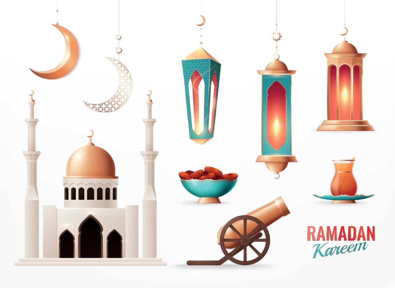 set realistico di ramadan kareem vettore