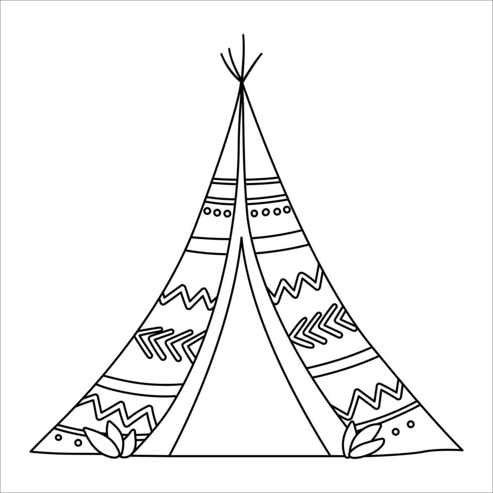 vettore bianco e nero boho wigwam. icona della linea bohémien teepee isolata su sfondo bianco. illustrazione della capanna dei nativi americani di contorno.