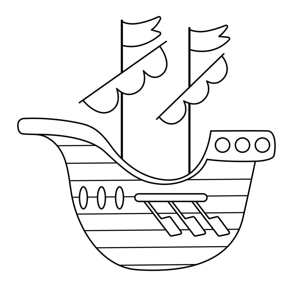 vettore nave medievale in bianco e nero con pagaie e vele. icona della barca di linea da favola isolata su priorità bassa bianca. nave storica. illustrazione di trasporto dell'acqua da favola o pagina da colorare