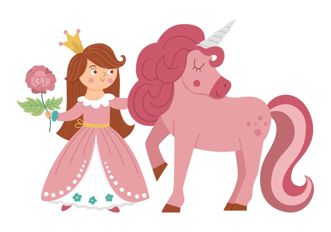 principessa di vettore delle fiabe con unicorno e rosa. ragazza di fantasia in corona isolata su sfondo bianco. cameriera da favola medievale in abito rosa. icona magica del fumetto da ragazza con personaggio carino.