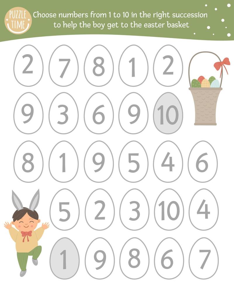 gioco di matematica di Pasqua con simpatici personaggi. attività di labirinto matematico primaverile per bambini in età prescolare. scegli i numeri da 1 a 10 per aiutare il ragazzo ad arrivare al cestino con le uova. vettore
