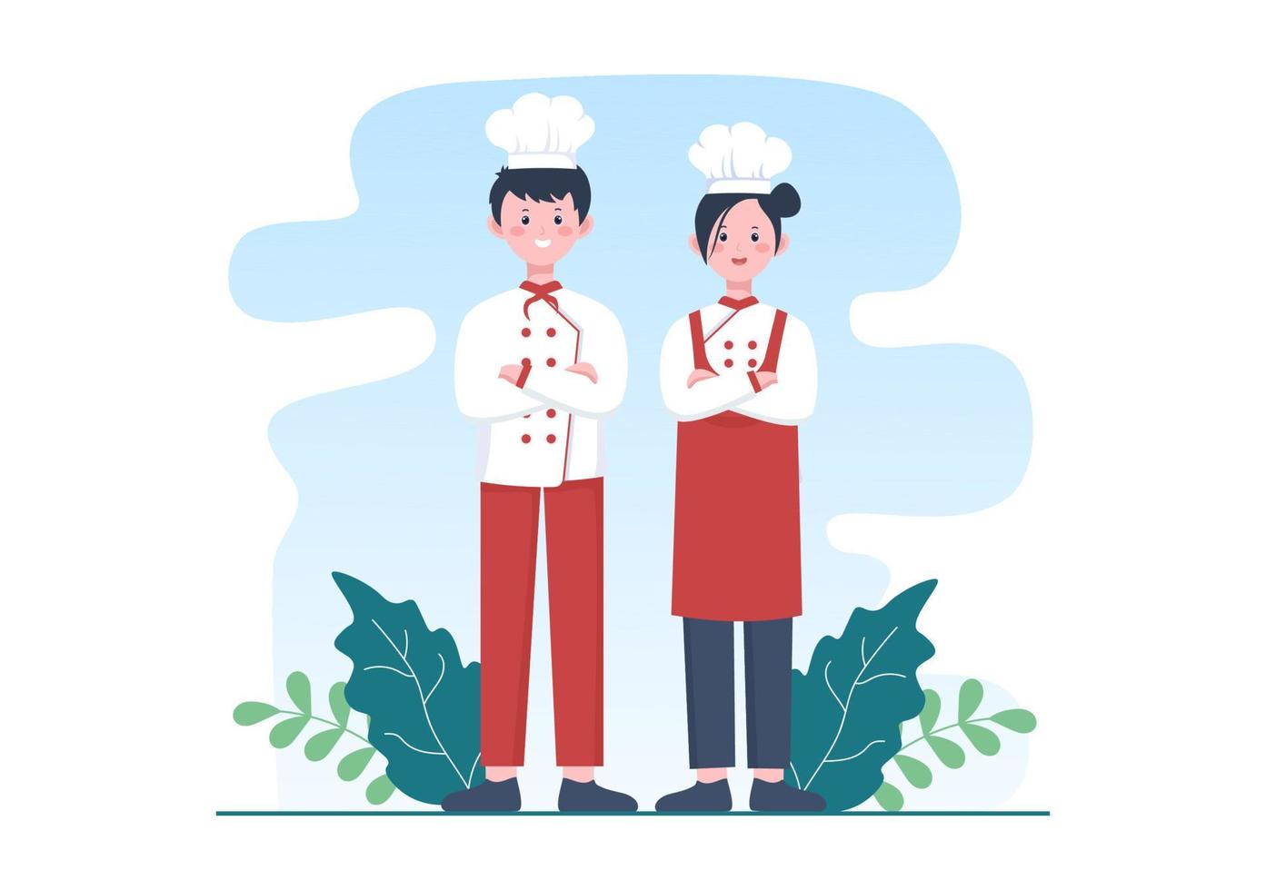 personaggio dei cartoni animati chef professionista che cucina illustrazione con diversi vassoi e cibo per servire cibo delizioso adatto per poster o sfondo vettore