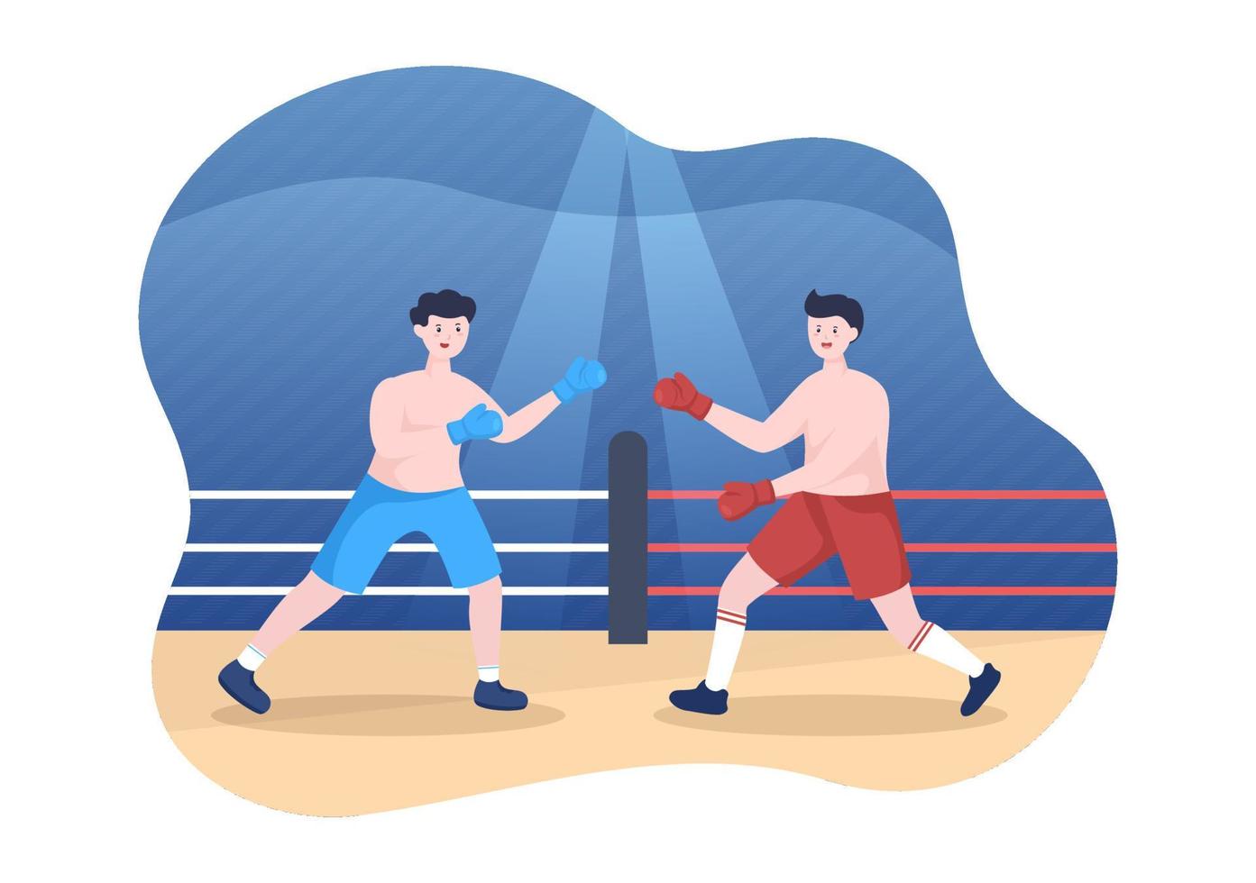 sport di boxe professionale che indossa boxer, anello, cintura, sacchi da boxe, guanti rossi e casco quando si gareggia, si combatte o si pratica in un'illustrazione piatta del fumetto vettore