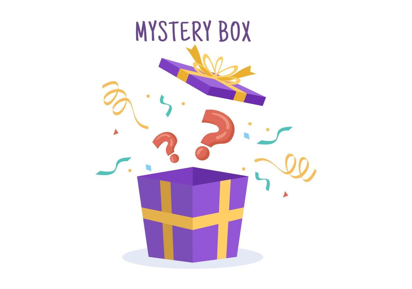 scatola regalo misteriosa con scatola di cartone aperta all'interno con un punto interrogativo, un regalo fortunato o un'altra sorpresa in un'illustrazione piatta in stile cartone animato vettore