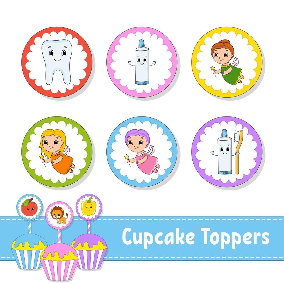 toppers per cupcake. set di sei immagini rotonde. personaggi dei cartoni animati. immagine carina. per compleanno, py, baby shower. vettore