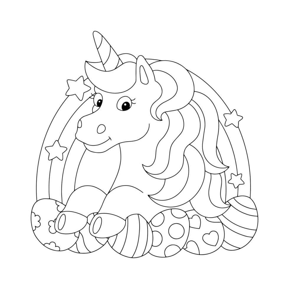 l'unicorno si congratula per le vacanze di pasqua. pagina del libro da colorare per bambini. personaggio in stile cartone animato. illustrazione vettoriale isolato su sfondo bianco.