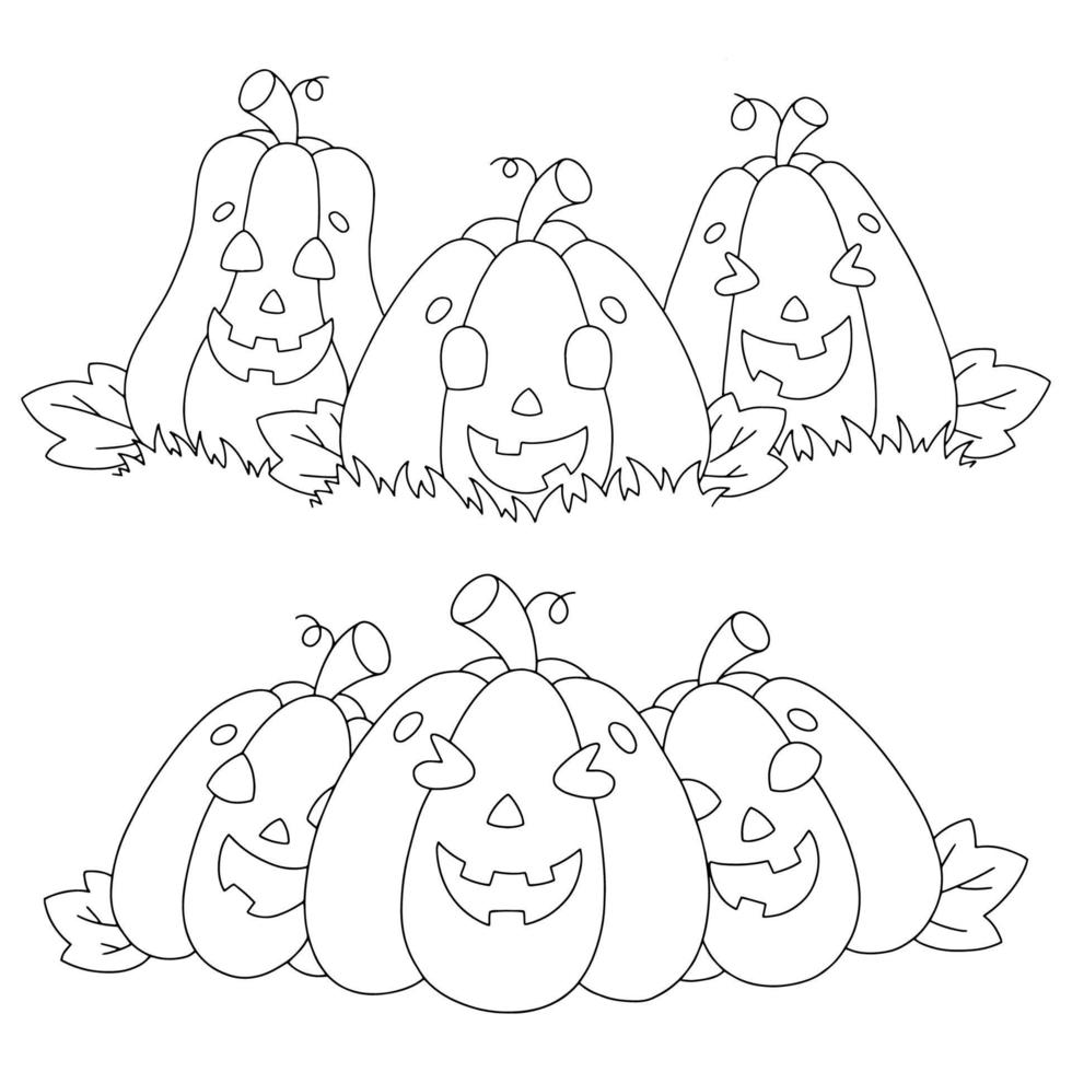 una serie di zucche ridenti. pagina del libro da colorare per bambini. personaggio in stile cartone animato. illustrazione vettoriale isolato su sfondo bianco. tema di halloween.