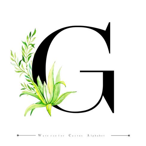 Lettera G di alfabeto con cactus e foglie dell&#39;acquerello vettore