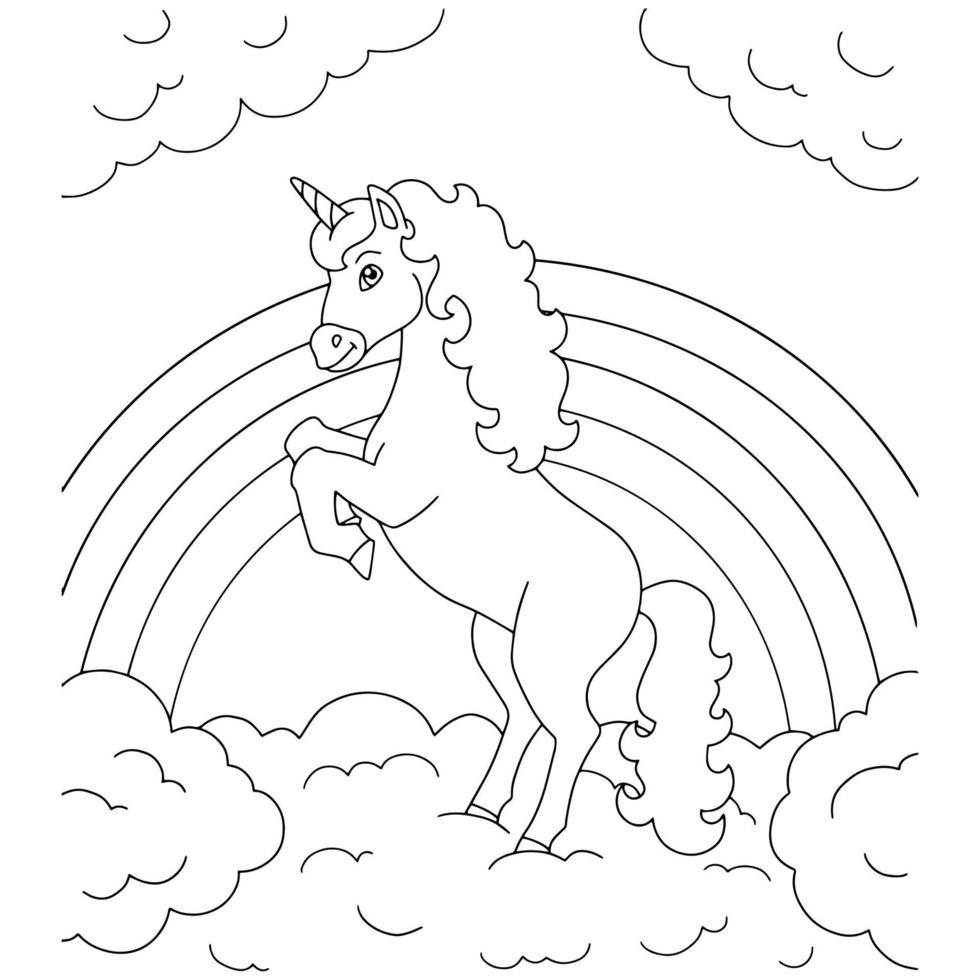 unicorno su una nuvola. pagina del libro da colorare per bambini. personaggio in stile cartone animato. illustrazione vettoriale isolato su sfondo bianco.