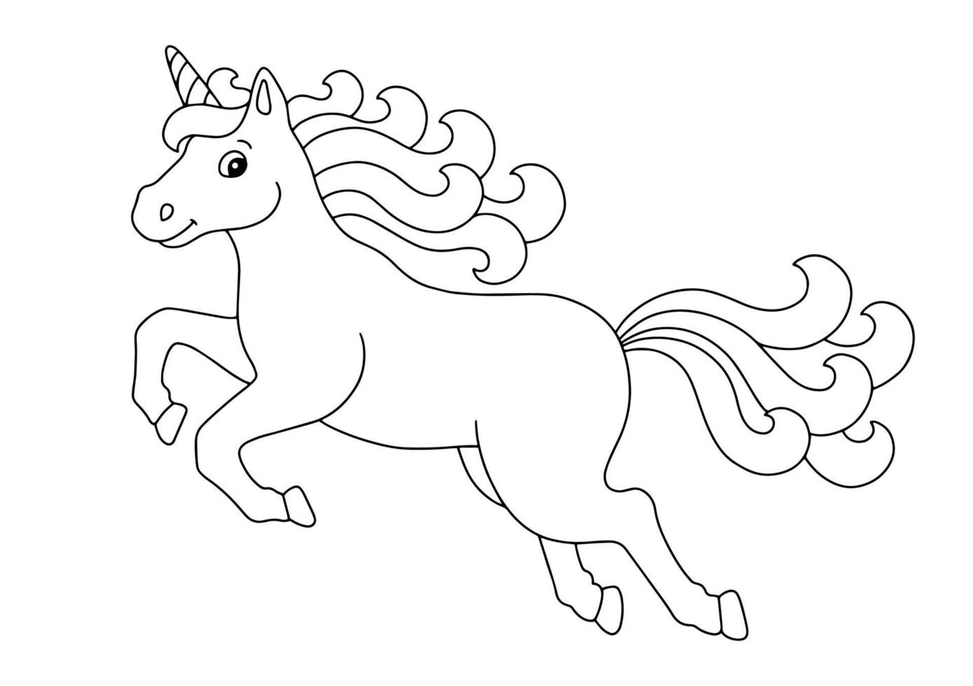 bellissimo unicorno che salta. pagina del libro da colorare per bambini. personaggio in stile cartone animato. illustrazione vettoriale isolato su sfondo bianco.