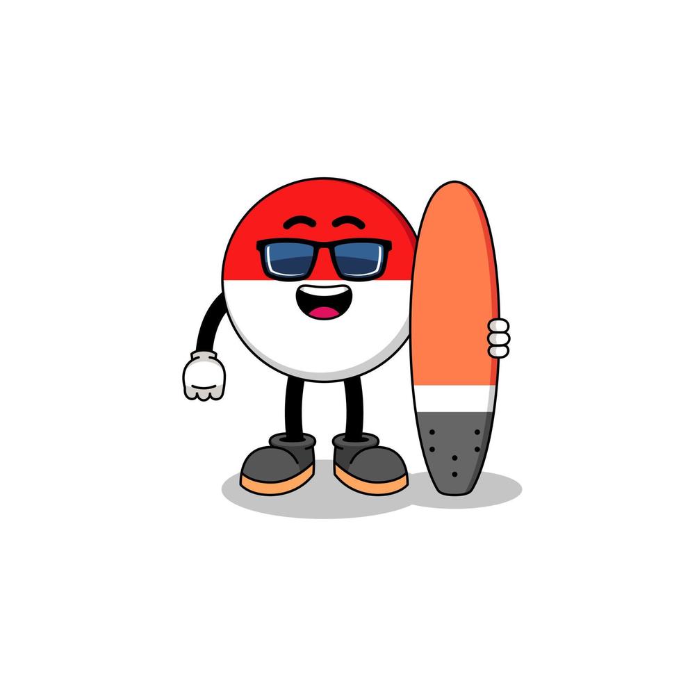 mascotte del fumetto della bandiera dell'indonesia come surfista vettore