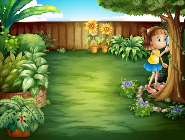 Una bambina che studia le piante nel giardino vettore