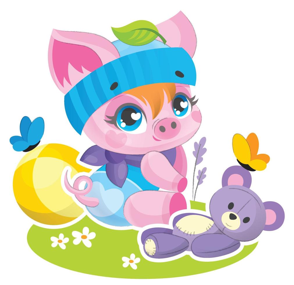 un simpatico maialino si siede sul prato e gioca con i giocattoli. illustrazione prescolare per bambini. vettore