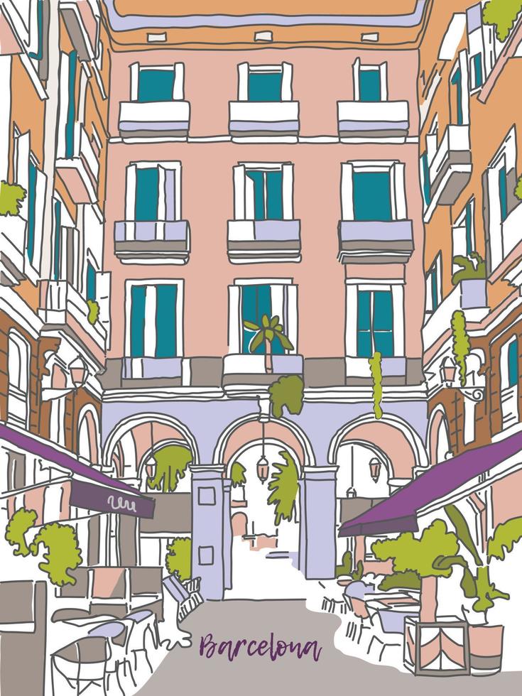 illustrazione vettoriale disegnata a mano barcellona, spagna schizzo. illustrazione di strada di scena. schizzo di linea di inchiostro disegnato a mano in stile contorno. caffè nella zona vecchia di Barcellona. semplice schizzo urbano per cartoline