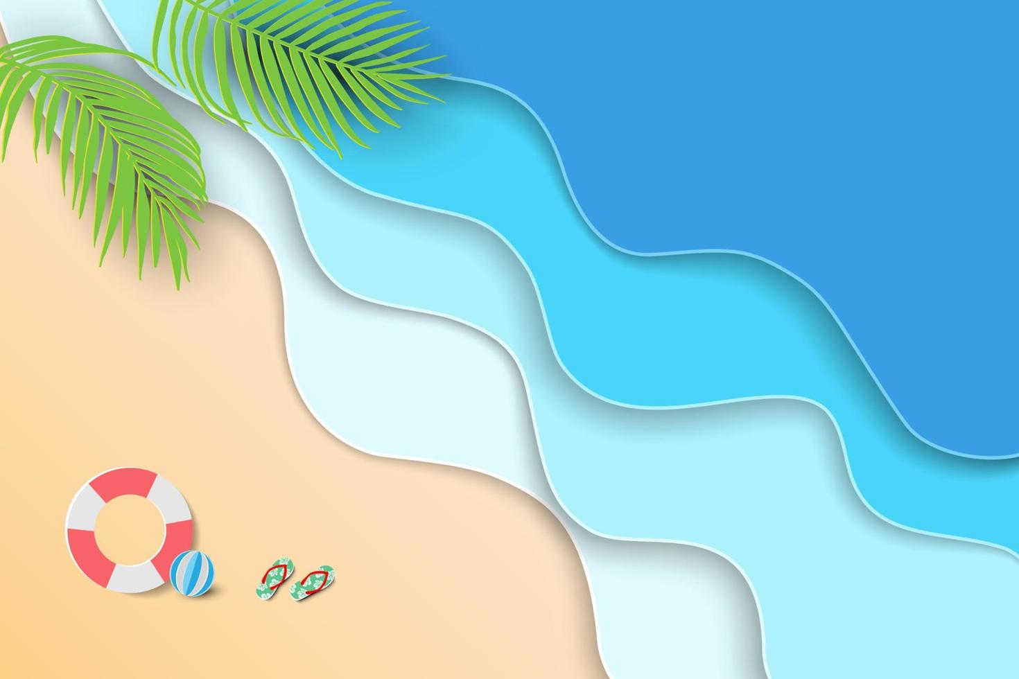 sfondo di saldi estivi con vista sul mare blu e sulla spiaggia su carta tagliata in stile vettore