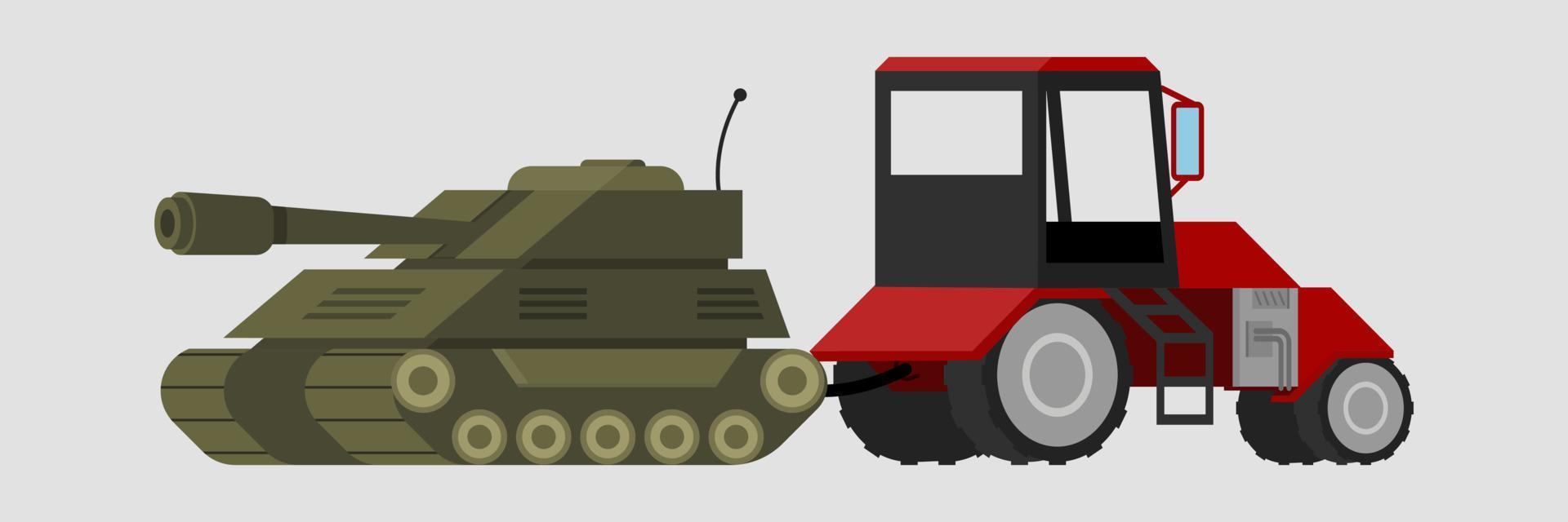 un trattore tira un carro armato, meme ucraino. ucraino in guerra. Illustrazione vettoriale su sfondo bianco