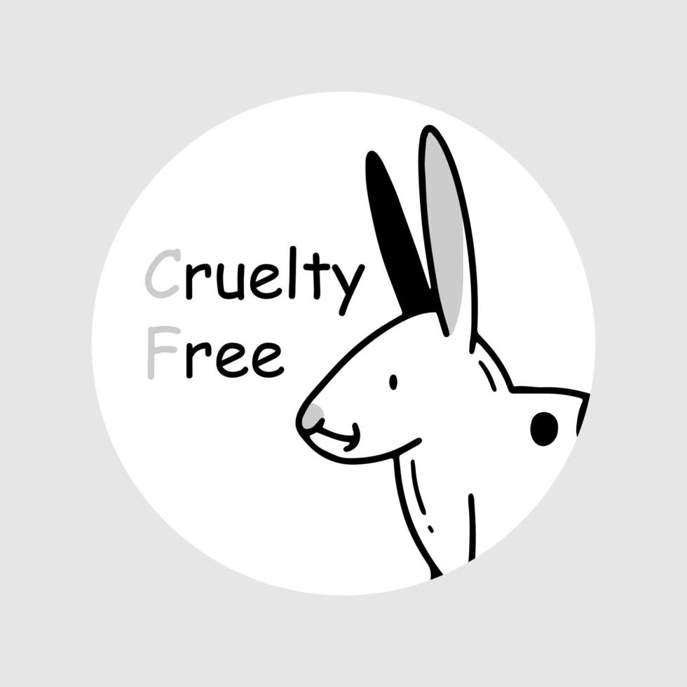 icona vegana in bianco e nero cruelty free con simpatico coniglietto in stile doodle. illustrazione vettoriale. vettore