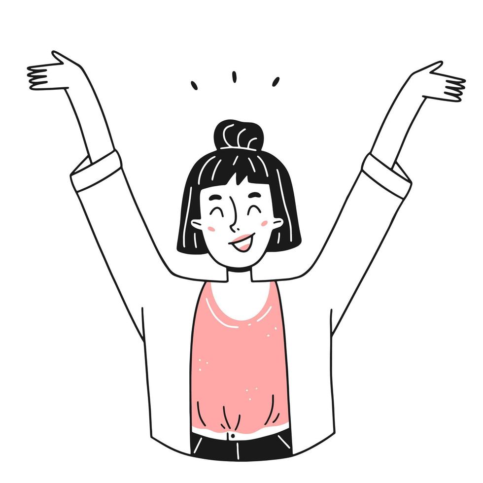 il ritratto di una giovane ragazza è molto felice e alza le mani in un semplice stile doodle lineare. illustrazione vettoriale isolato.