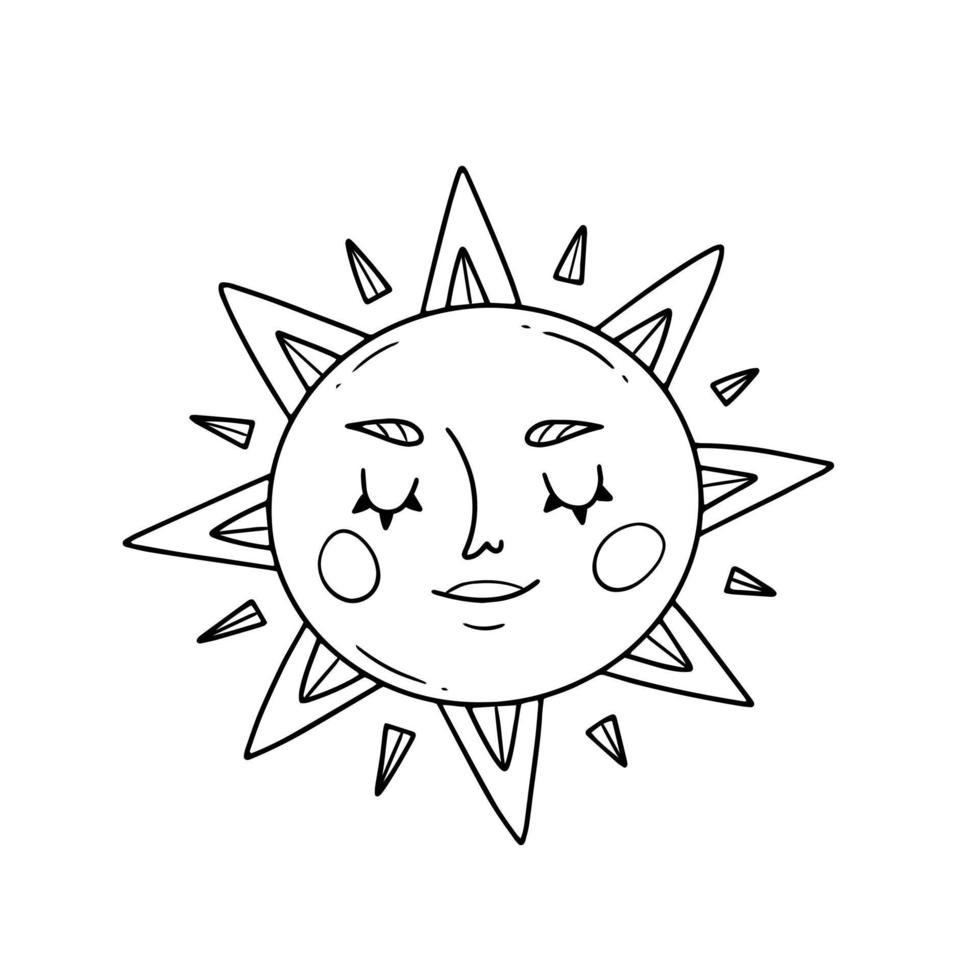 il personaggio del sole con una faccia nella linea stile doodle. illustrazione vettoriale. vettore