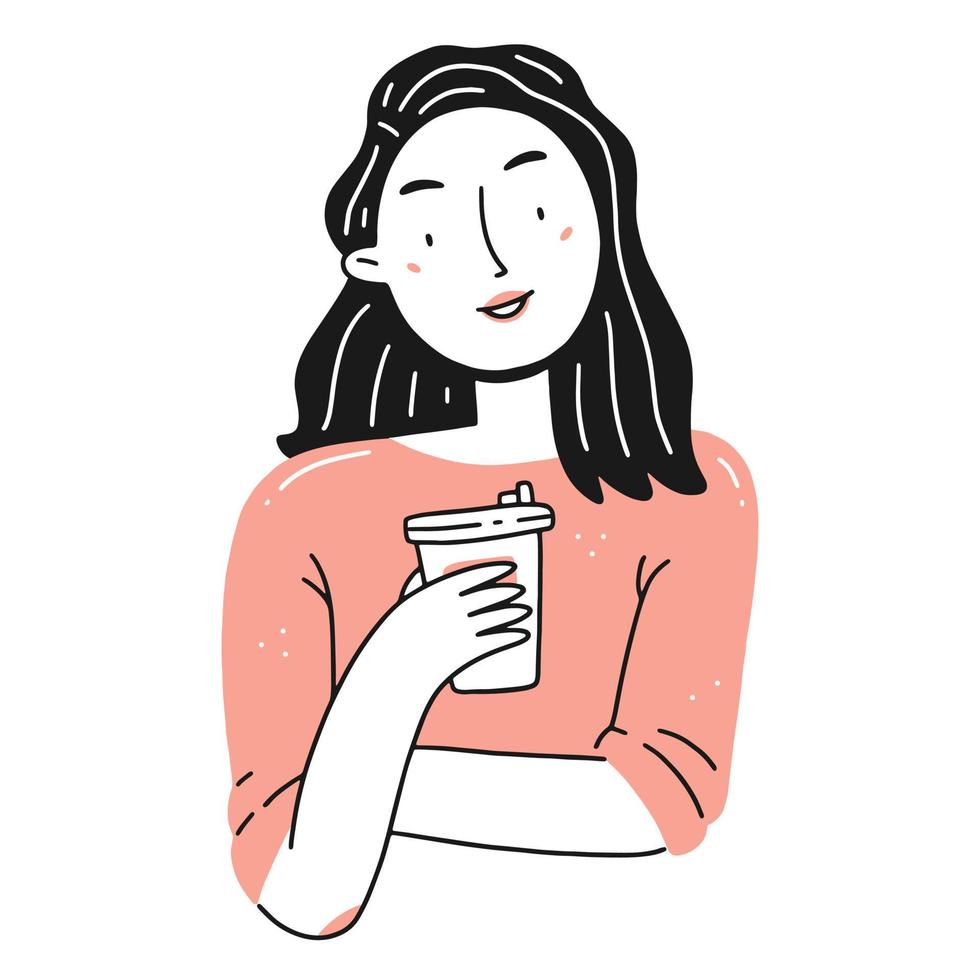 ritratto di una giovane ragazza felice con una tazza di caffè in un semplice stile doodle lineare. illustrazione vettoriale isolato.