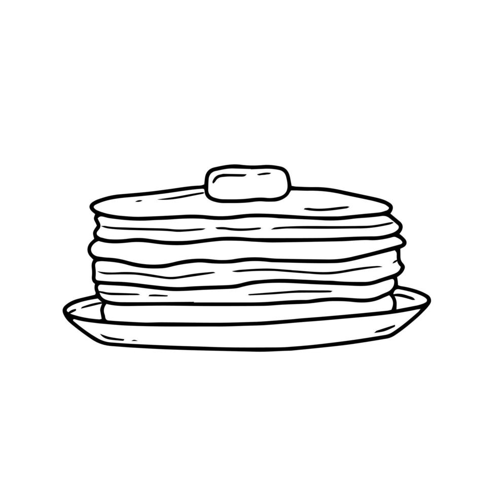 una pila di frittelle con burro in un semplice stile doodle lineare. illustrazione di cibo isolato vettoriale. vettore