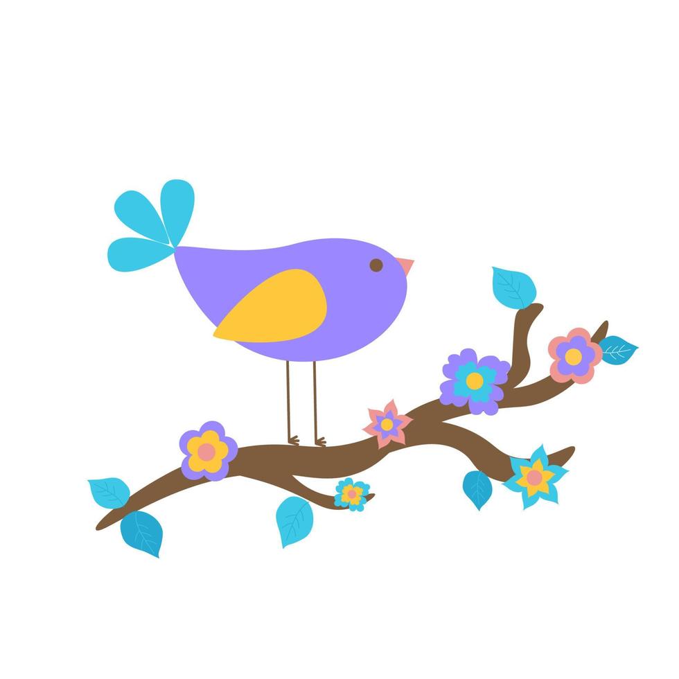 un simpatico uccello viola si siede su un ramo di un albero coperto di fiori. venne la primavera. design per una cartolina o un invito. illustrazione vettoriale piatta.