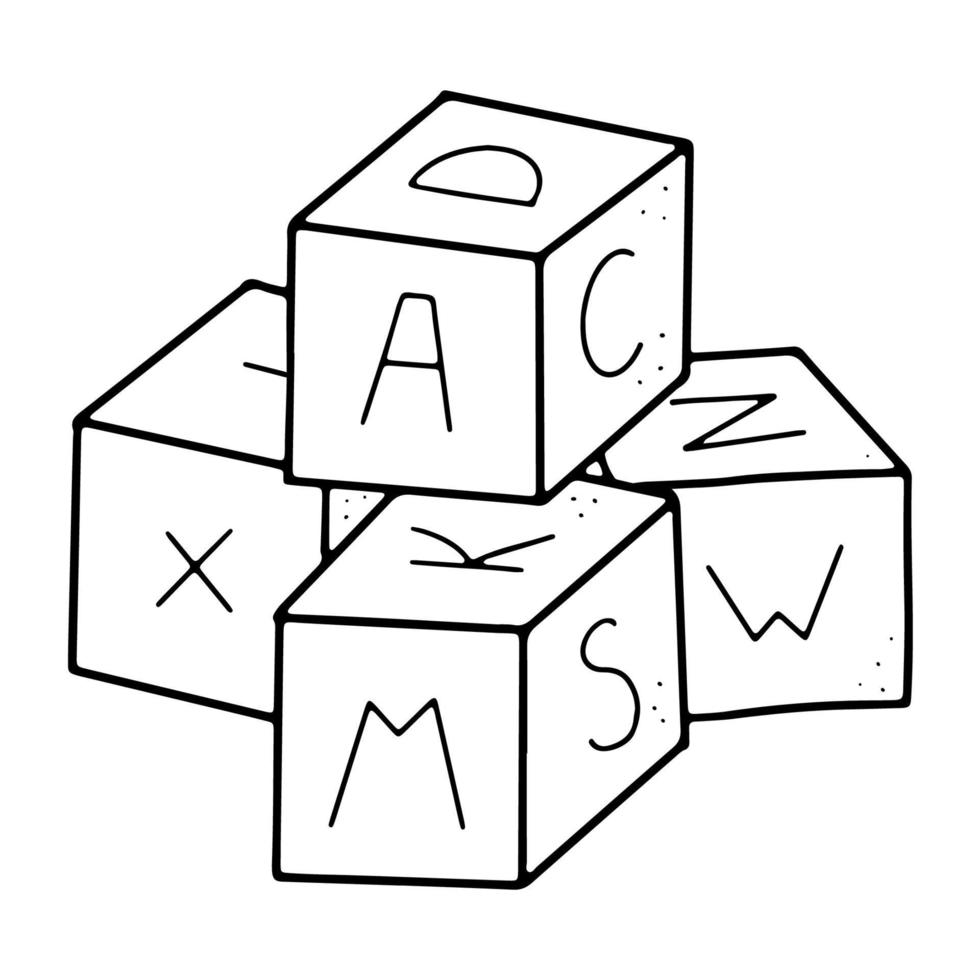 giocattoli a blocchi per bambini in stile doodle con alfabeto in formato vettoriale. vettore