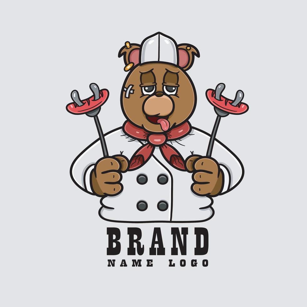 logo chef mascotte orso con salsiccia. vettore