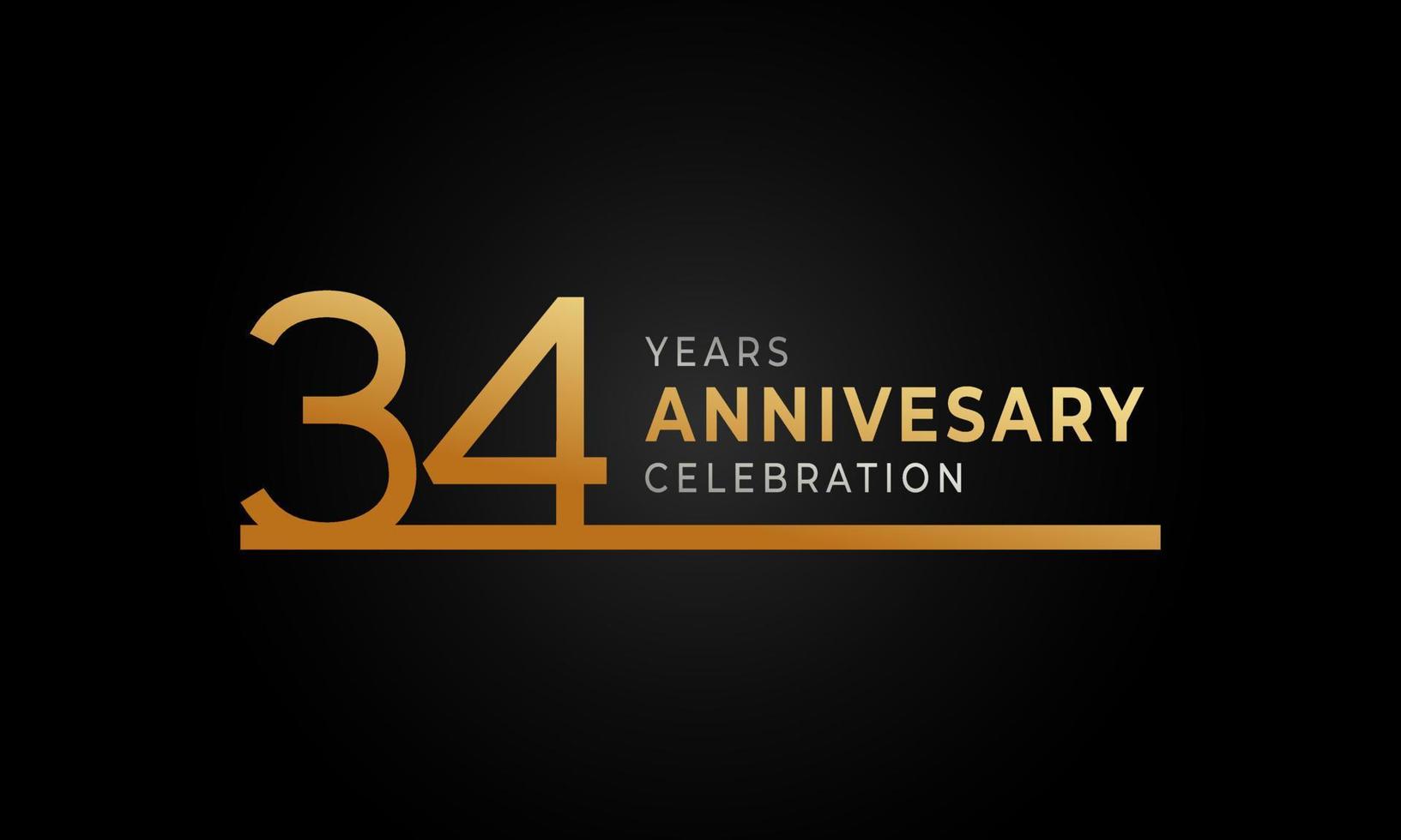 Logotipo di celebrazione dell'anniversario di 34 anni con linea singola color oro e argento per eventi celebrativi, matrimoni, biglietti di auguri e inviti isolati su sfondo nero vettore