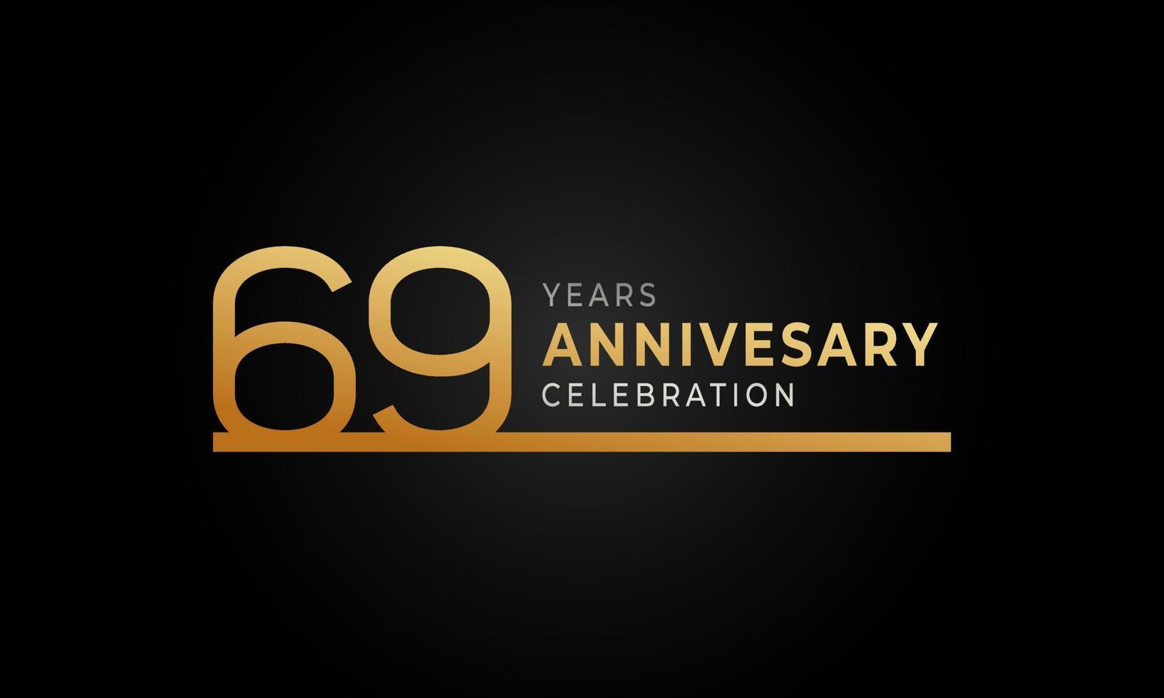 Logotipo di celebrazione dell'anniversario di 69 anni con linea singola color oro e argento per eventi celebrativi, matrimoni, biglietti di auguri e inviti isolati su sfondo nero vettore