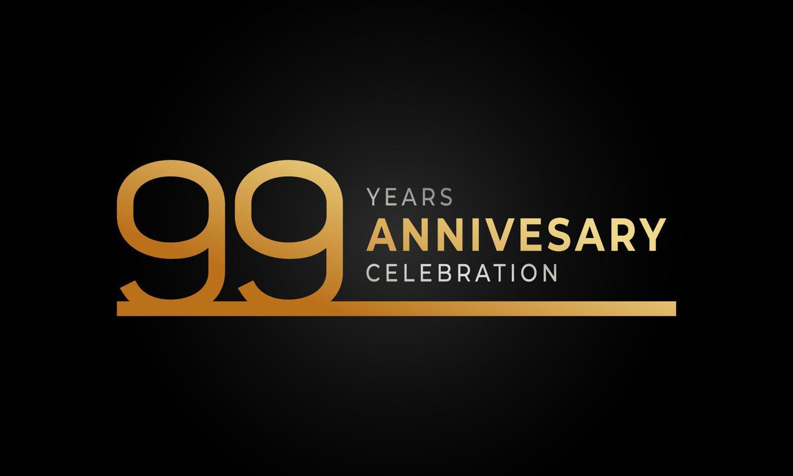 Logotipo di celebrazione dell'anniversario di 99 anni con linea singola color oro e argento per eventi celebrativi, matrimoni, biglietti di auguri e inviti isolati su sfondo nero vettore