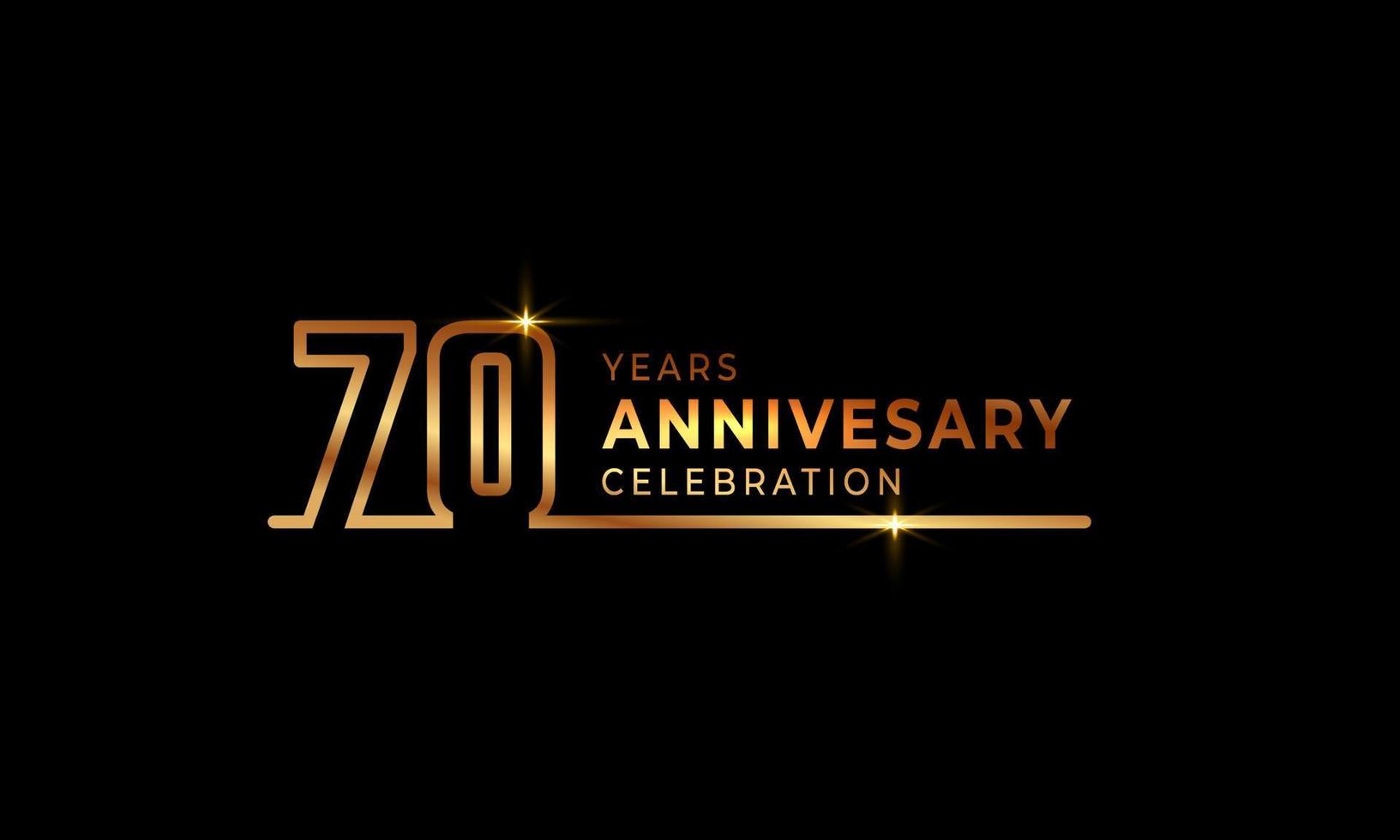 Logotipo di celebrazione dell'anniversario di 70 anni con numeri di carattere color oro costituiti da una linea collegata per eventi celebrativi, matrimoni, biglietti di auguri e inviti isolati su sfondo scuro vettore
