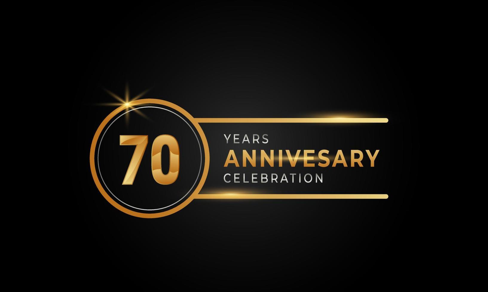 Celebrazione dell'anniversario di 70 anni colore dorato e argento con anello circolare per eventi celebrativi, matrimoni, biglietti di auguri e inviti isolati su sfondo nero vettore