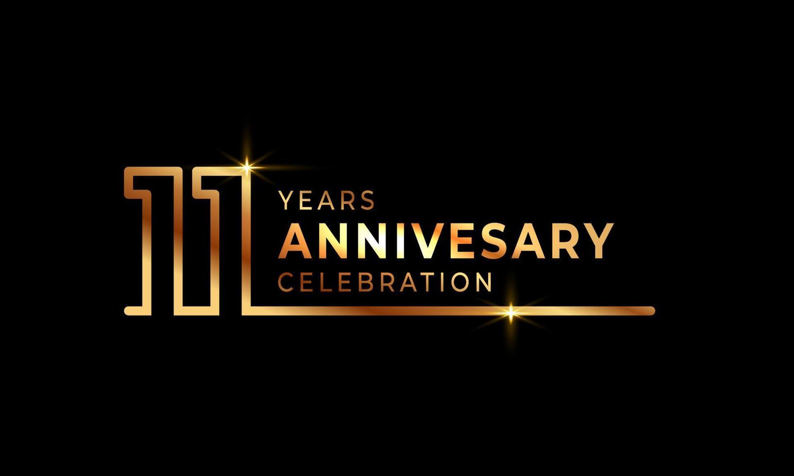Logotipo di celebrazione dell'anniversario di 11 anni con numeri di carattere dorati costituiti da una linea collegata per eventi celebrativi, matrimoni, biglietti di auguri e inviti isolati su sfondo scuro vettore