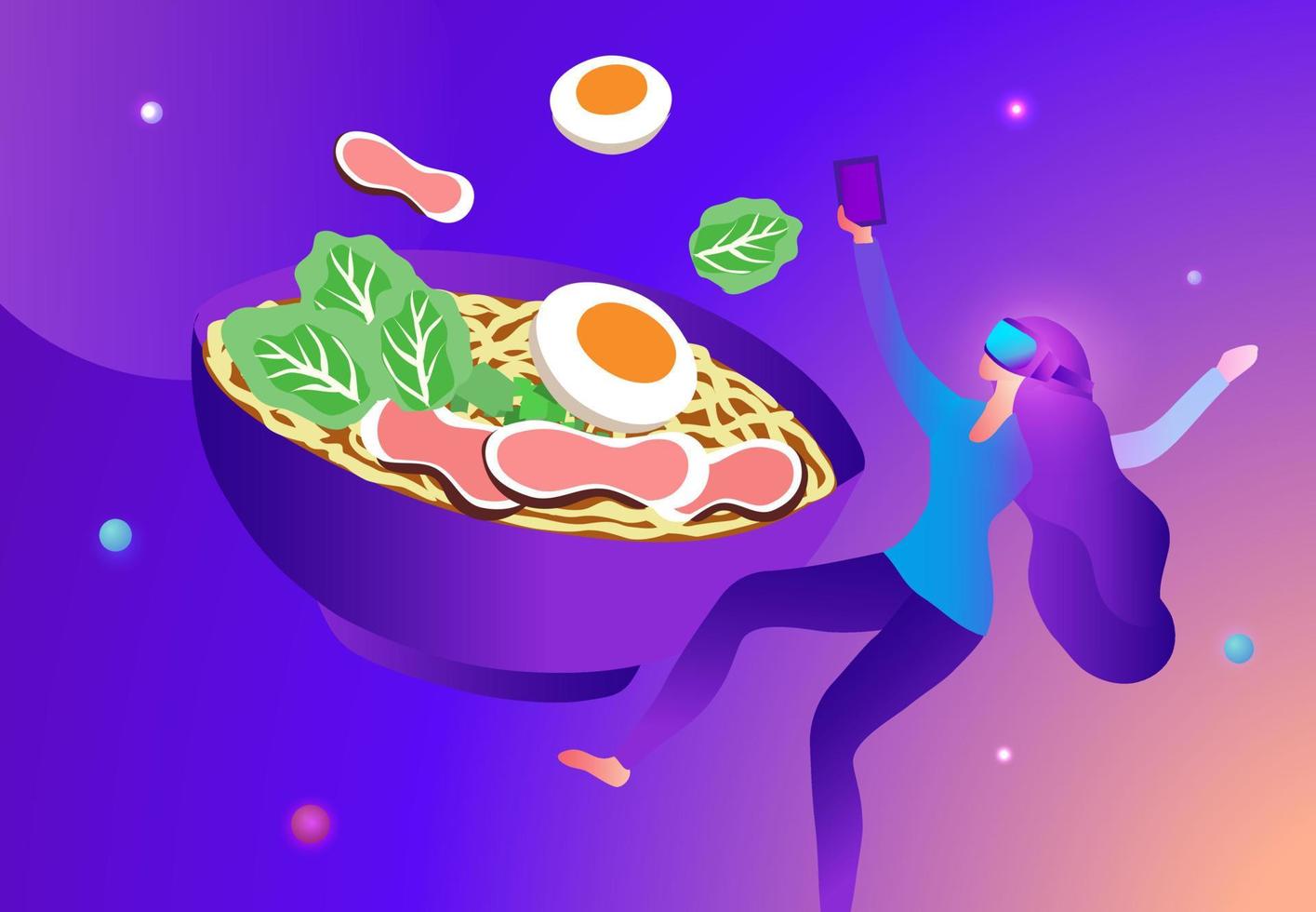 donna d'affari di cibo in realtà virtuale metaverse che indossa occhiali vr con esperienza 3d nel cibo nell'illustrazione vettoriale metaverse