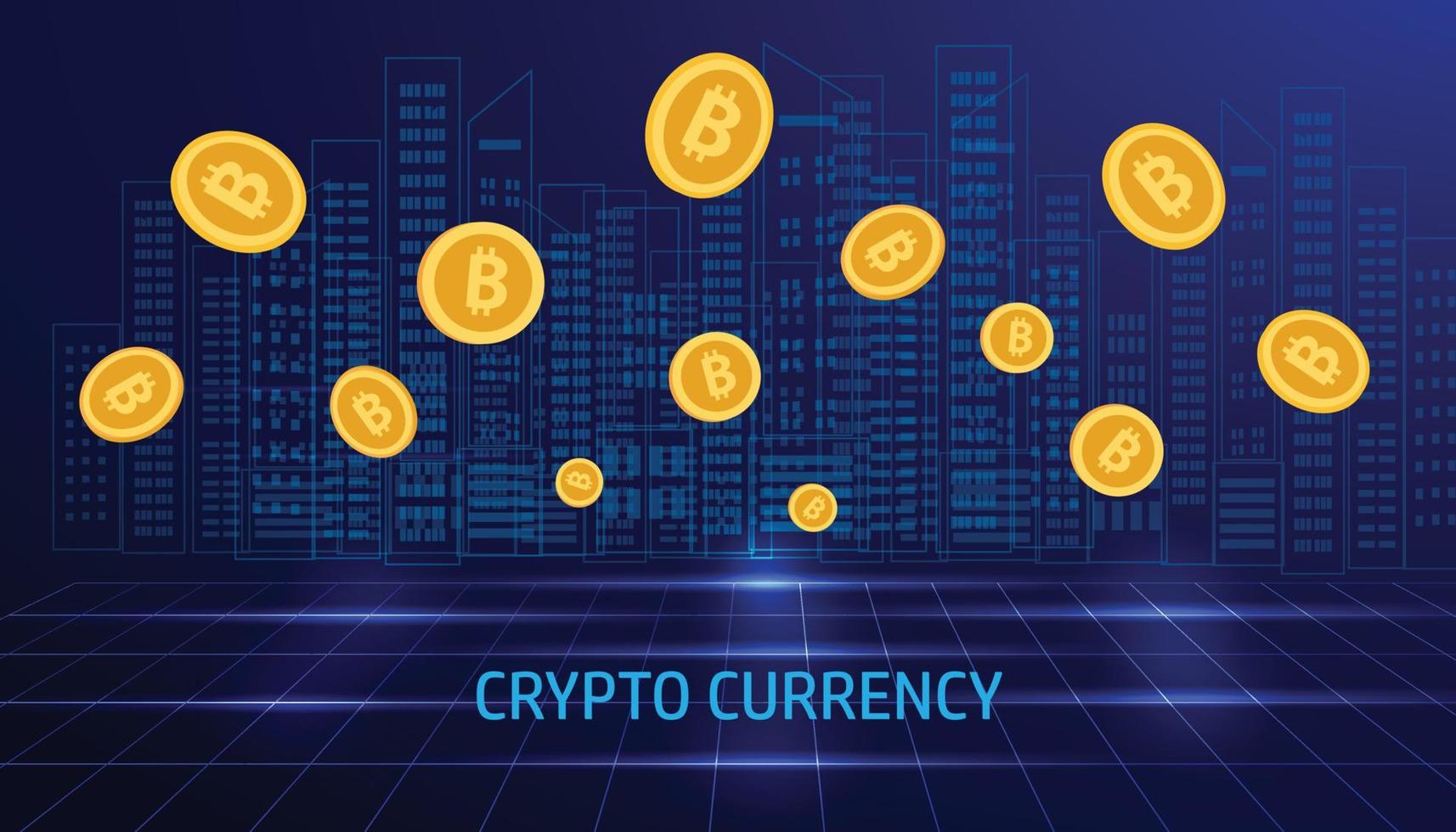 concetto di criptovaluta e blockchain, monete crittografiche dorate su sfondo blu, finanziari e investimenti in risorse digitali, illustrazione vettoriale