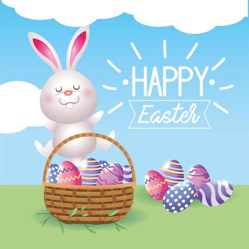 felice coniglio e uova decorazione con cesto vettore