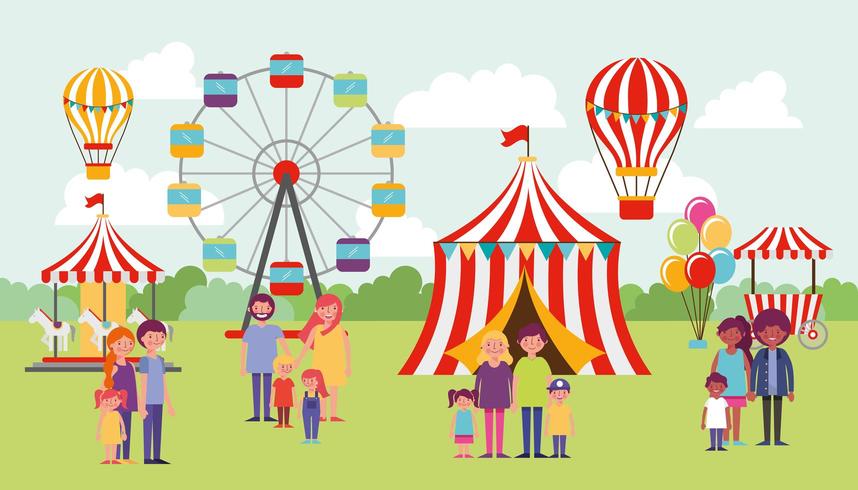 Famiglie che si godono il circo all&#39;aperto vettore