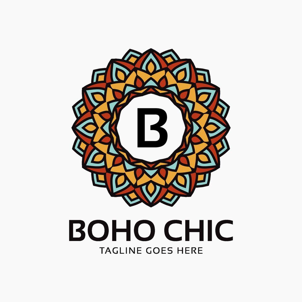 lettera b boho chic decorazione rotonda colore vintage mandala logo vettoriale elemento di design