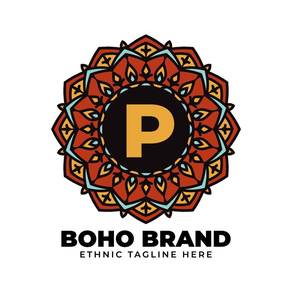 lettera p mandala colore vintage etnico boho marca generazione di fiori vettore