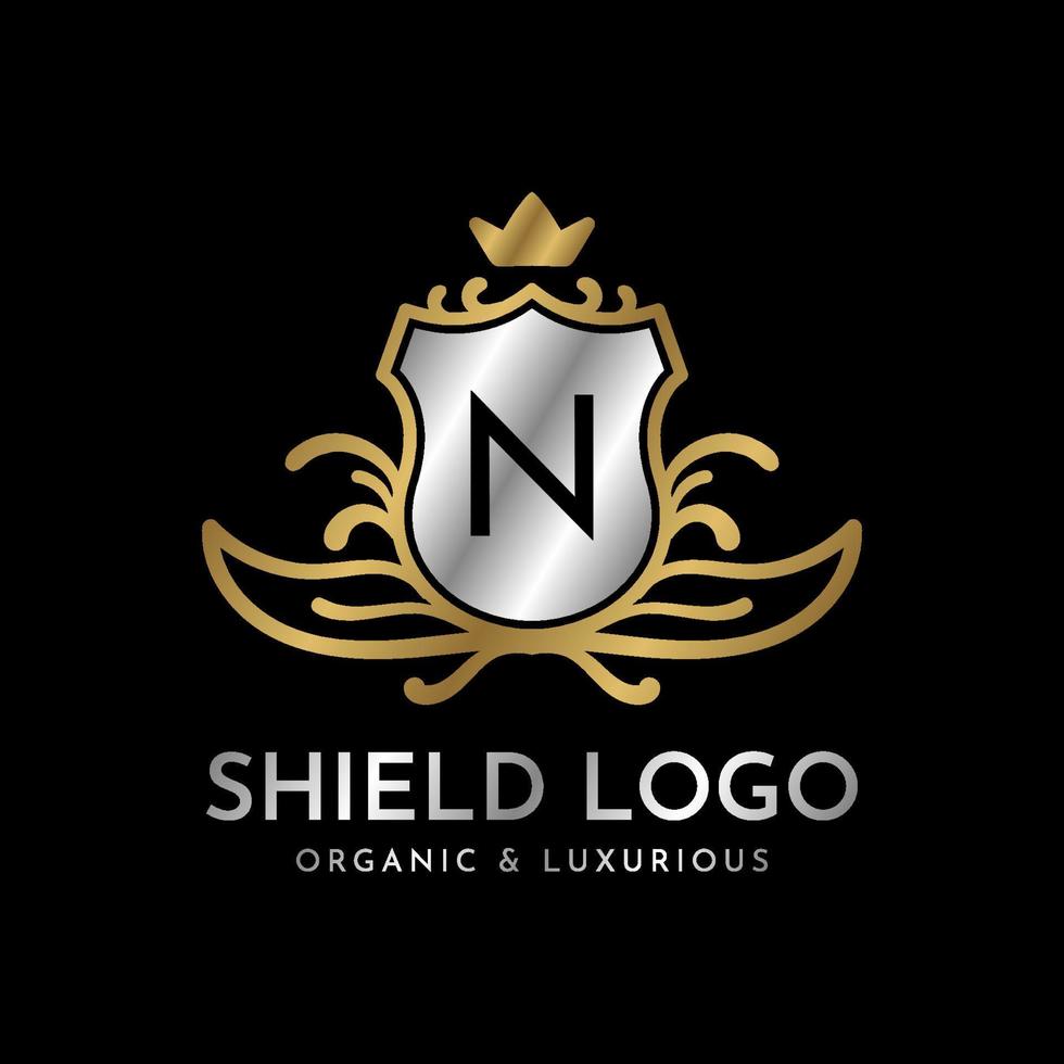design del logo vettoriale di lusso in oro e argento con scudo lettera n