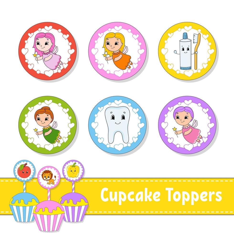 toppers per cupcake. set di sei immagini rotonde. personaggi dei cartoni animati. immagine carina. per compleanno, py, baby shower. vettore