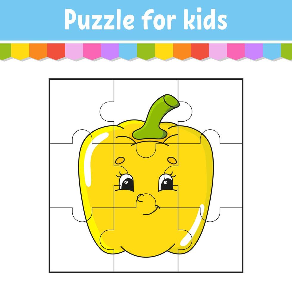 gioco di puzzle per bambini. peperone vegetale. pezzi di puzzle. foglio di lavoro a colori. pagina delle attività. illustrazione vettoriale isolata. stile cartone animato.